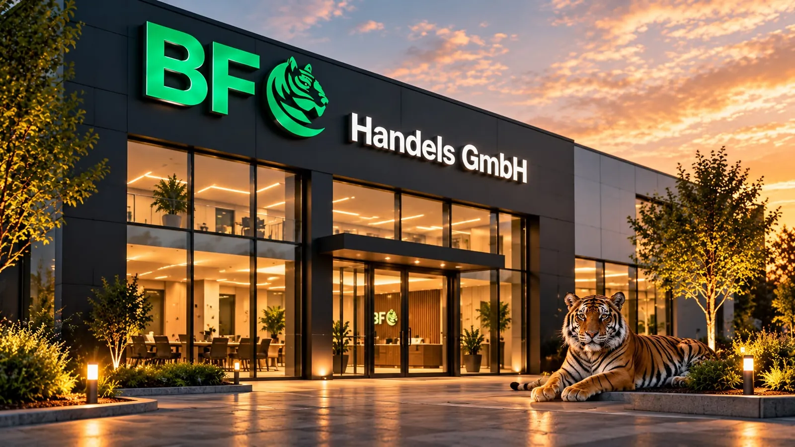 Symbolbild: Bürogebäude mit BFG-Schriftzug und einem Tiger am Eingang