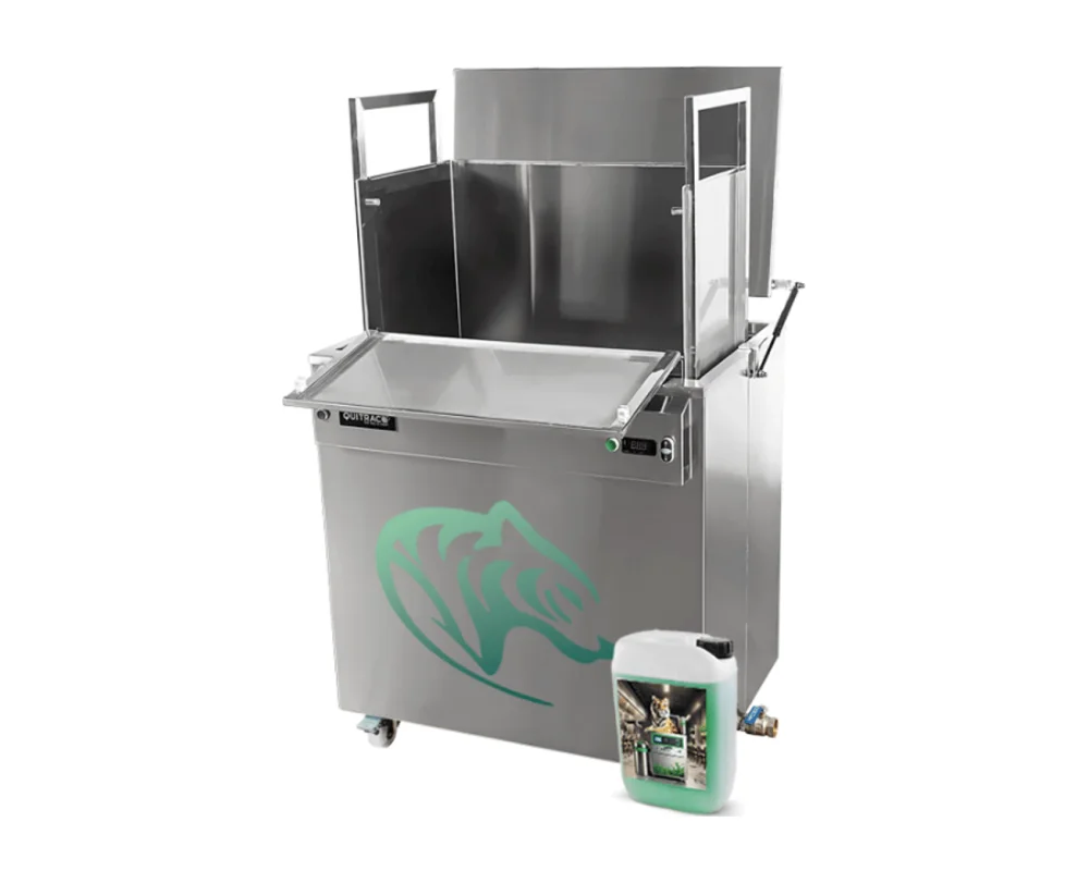 EcoCleanTiger Pro: Edelstahlbecken auf Rollen mit geöffnetem Deckel, Innenschlitten und Kanister