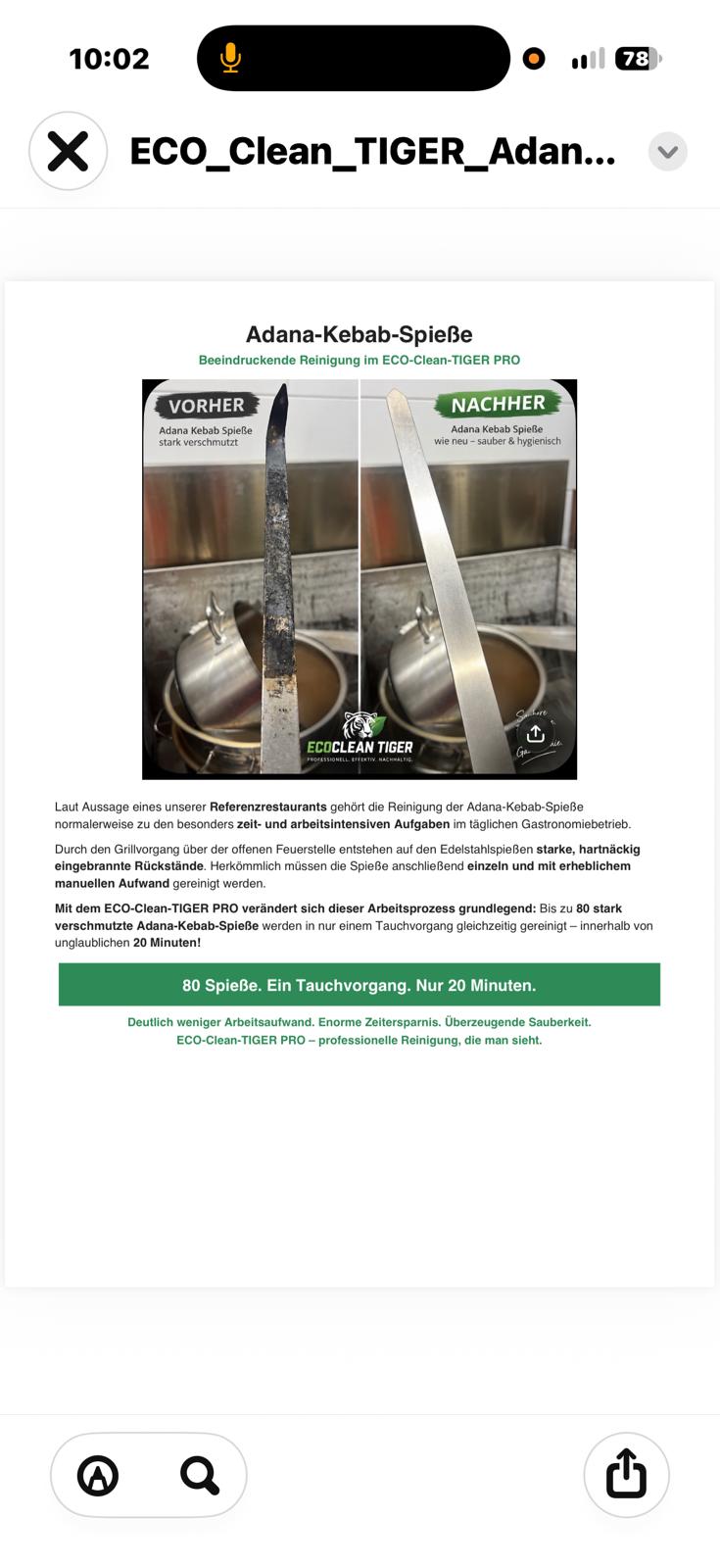 Adana-Kebab-Spieße vor und nach der Reinigung im EcoCleanTiger